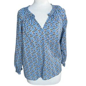 J. Crew Cotton Artist Top Blue Floral Boho Preppy V Neck Long Sleeves Medium